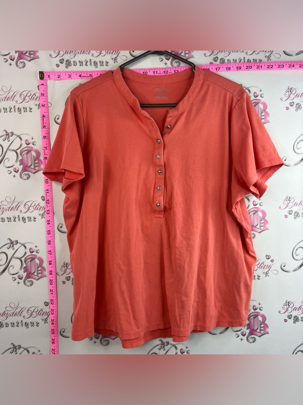Calvin Klein T-shirt tee orange buttons Coral Henley Short-Sleeve Tee
